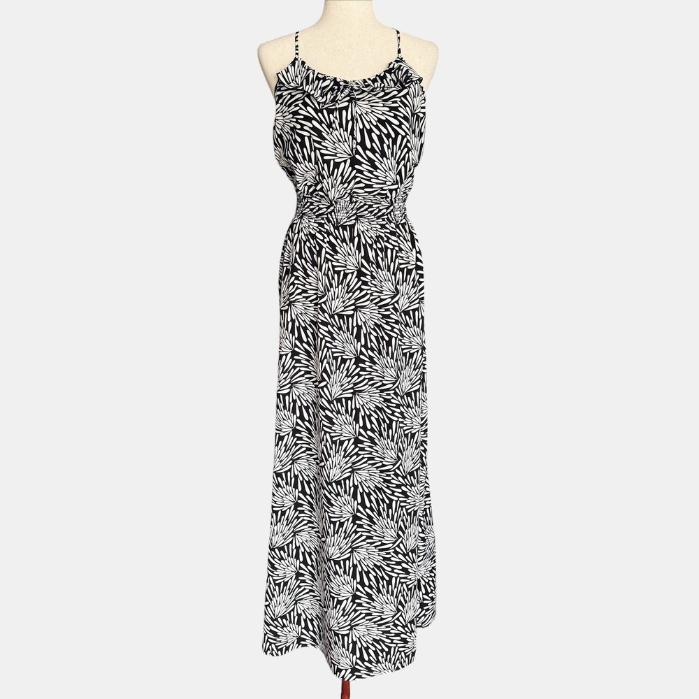 Banana Republic Black White palm print tropical Maxi Dress 4 Resort Wear boho